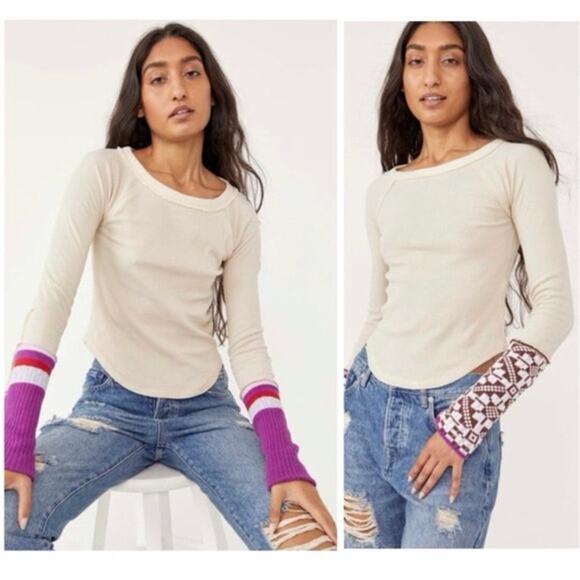 FREE PEOPLE REVERSIBLE KNIT CUFFS LONG SLEEVE THERMAL TOP SIZE SMALL NEW - Picture 1 of 8
